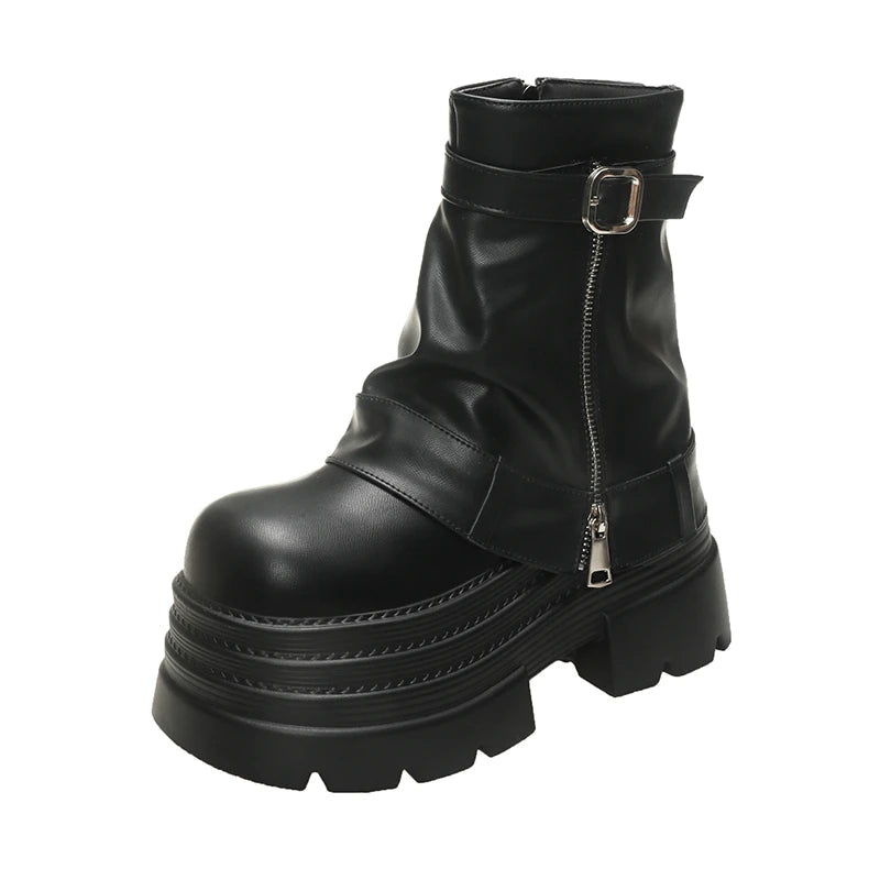 Women's Autumn Winter Leather Ankle Boots 10CM Heels Chunky Platform Combat Boots New Non Slip Motorcycle Shoes Woman Punk Boots