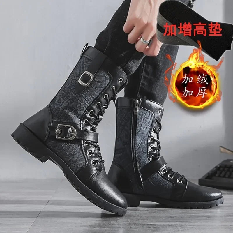 Retro Mid-Carf Punk Boots Winter Men's Plus Velvet Motorcycle Boots All-match Tooling Shoes Denim Mid-high Boots Men botas mujer