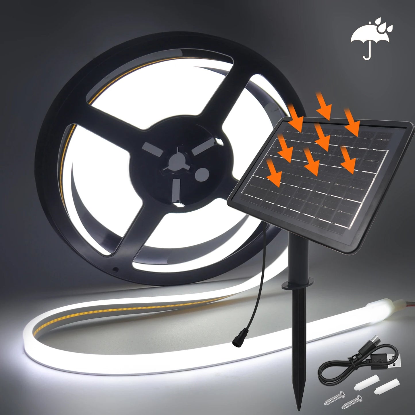 24V Solar Powered COB LED Strip Light Double Side Glow 320 LEDs/m Waterproof Flexible Neon Tape Indoor Outdoor Linear Lighting