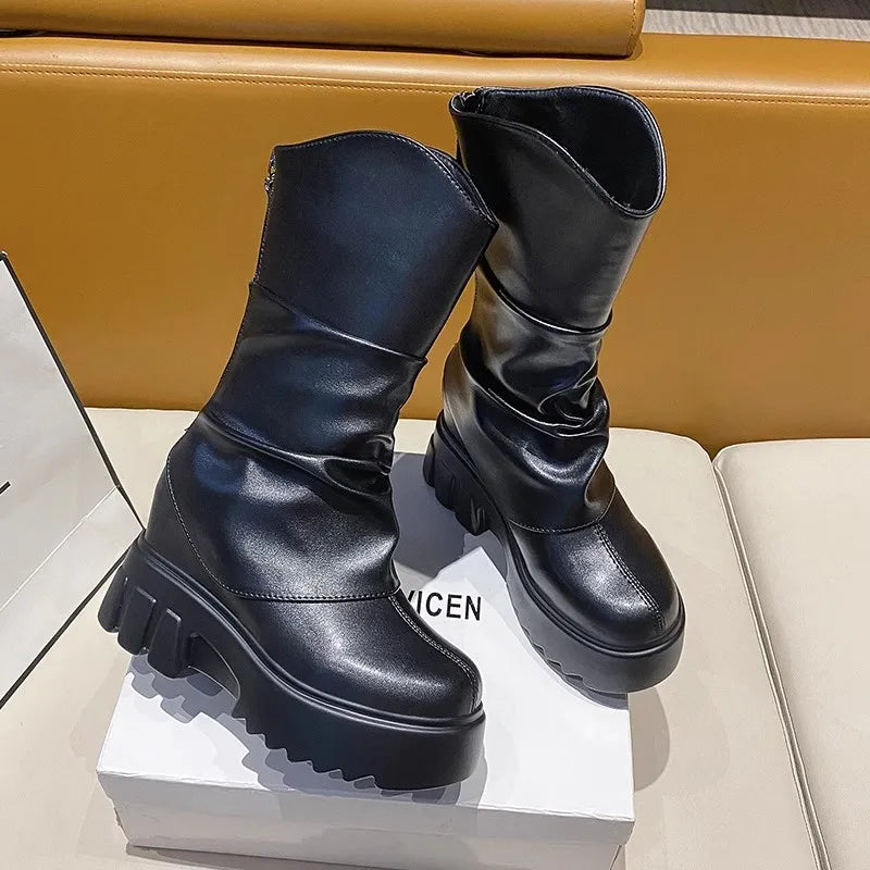 9CM Women Mid Calf Boots Autumn Winte Soft Leather Motorcycle Boots High Platform Square Heels Ladies Chunky Shoes Botas Mujer