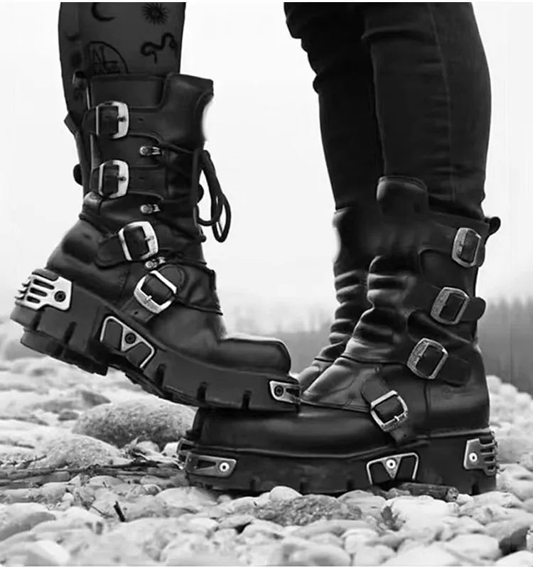 Unisex Genuine Leather Motorcycle Boots Skull Gothic Punk Cowboy Boots Women Men Metal Decoration Platform Combat Mid-calf Boots