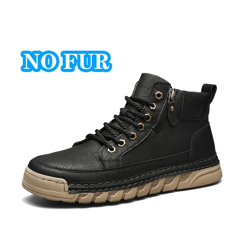 Men's High Top Leather Ankle Boots Comfortable Motorcycle Boots Non Slip Walking Training Shoes Botas Outdoor Treking Footwear