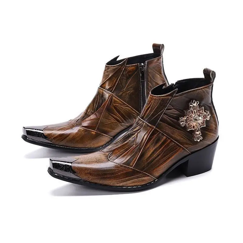 Western men's booties leather shoes pointy brown leather ankle boots men's zipper 6.5cm high heels motorcycle shoes