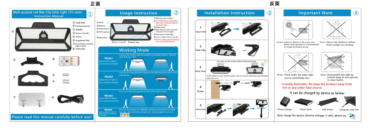 3600mAh Solar Outdoor Wall Yard Camp 208pieces LED Lamp Beads, Solar Sensor Lamp for Outdoor