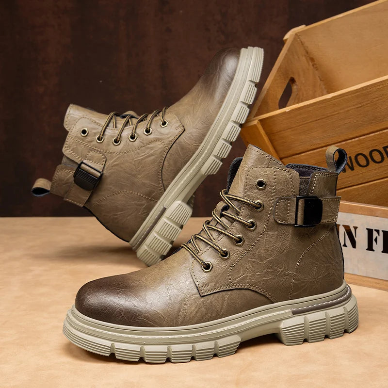 Outdoor Leather Ankle Boots Fashion Lace Up Motorcycle Boots Non-Slip Male Comfortable Botas 2025 New Arrival Men High Top Shoes