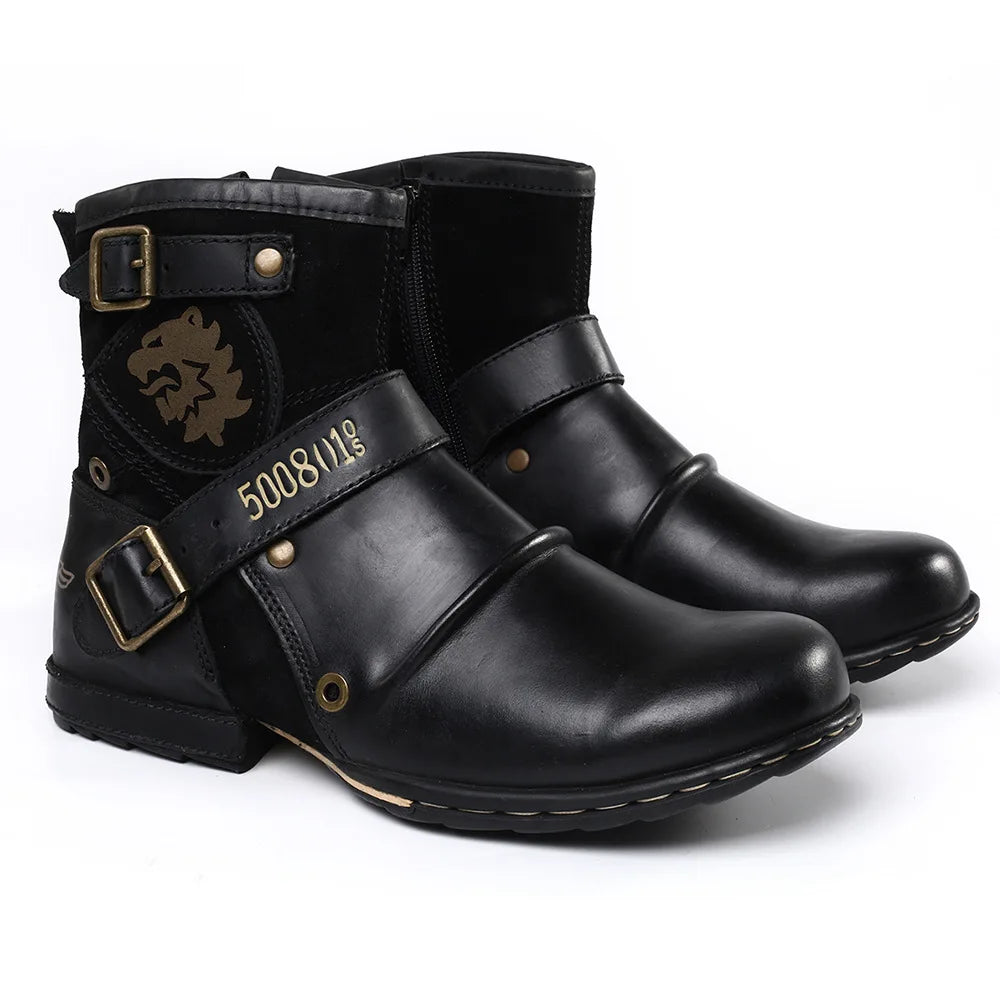 Fashion Men's Shoes Boots Warm Leather Vintage Motorcycle Male Boots Riding Retro 2024 Metal Style Zippers Men's Shoes