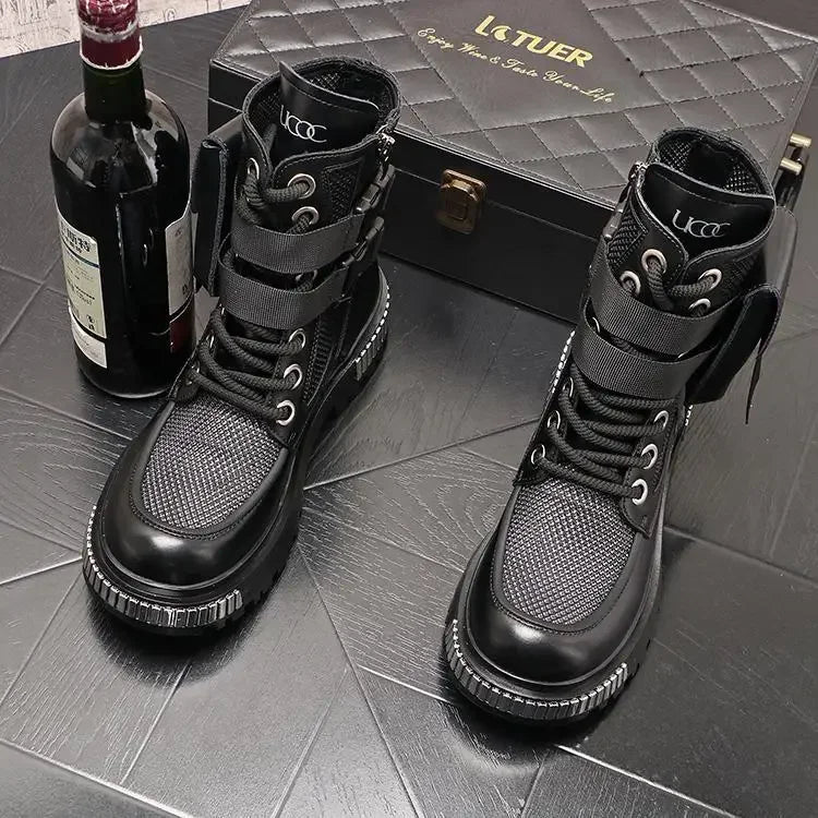 2025 New Men's Thin High-Top New Mid-Calf Motorcycle Height Increasing Insole Summer Ankle Boots Hollow out