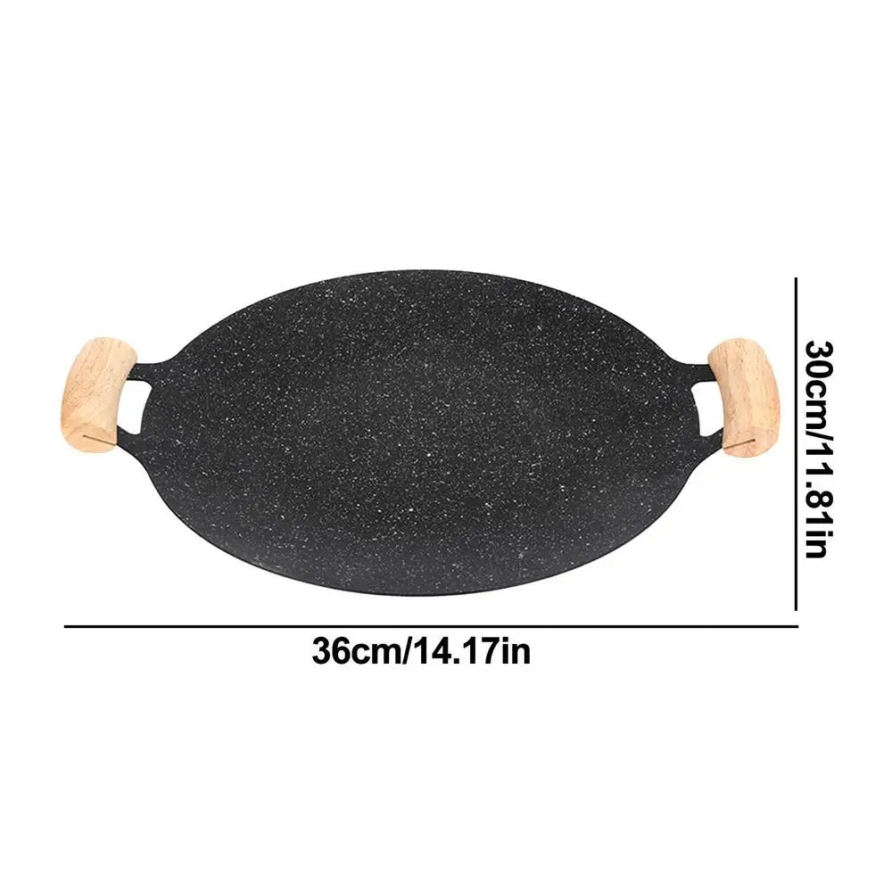 BBQ Grill Pan Non Stick Cast Iron Baking Pan Frying Pan with Wooden Handle Griddle Grill Pan Camping Stove Plate outdoor cooking