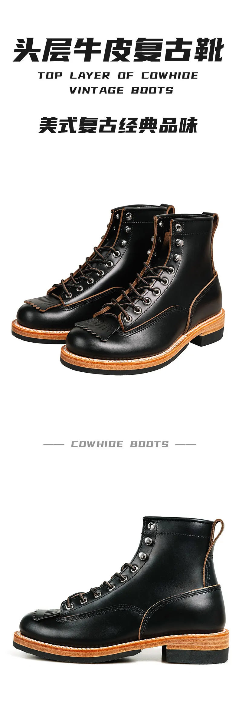 Men's Vintage Motorcycle Boots Cowhide Leather High Top Motorbike Boots Motocross Riding Boots Walking Shoes Thick Soled 38-44