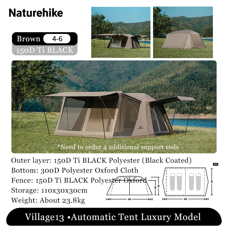 Naturehike Village 13 Automatic Cabin Tent Black Coated Outdoor Camping Picnic Sunscreen 27㎡ 2 Rooms 2 Halls Waterproof Tent