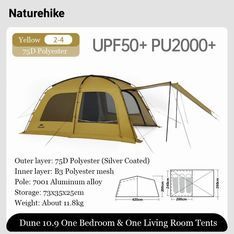 Naturehike Outdoor 4-6 Person Camping Dune 10.9 Tent One Bedroom One Living Room Hiking Tent 75D Nylon Camping Tents Canopy