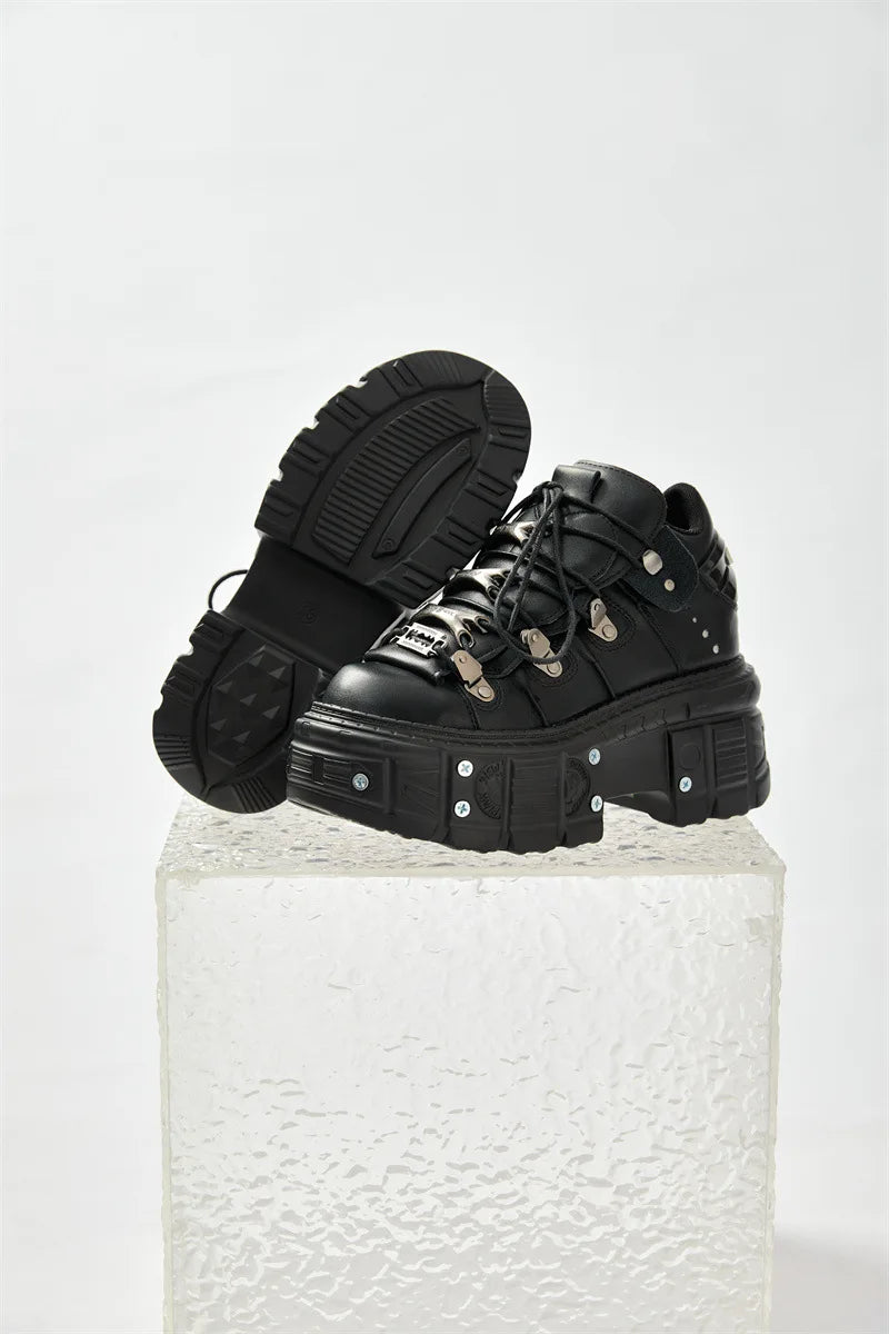 2025 New Punk Style Women Black Rock Metal Decor Lace-up Heel Height Platform Shoes Gothic Man Sneakers Women Ankle Boots