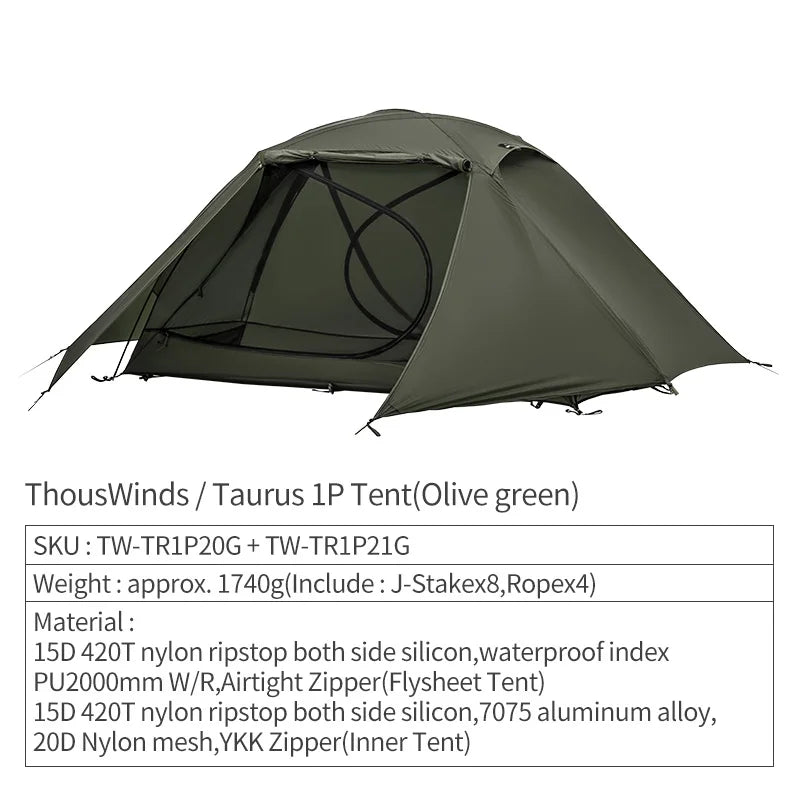 Thous Winds Taurus Solo Tent, Ultralight Hiking Camp, Solo Backpack Tent, Outdoor Cot Tent, 15D Nylon Ripstop Both Side Silicon