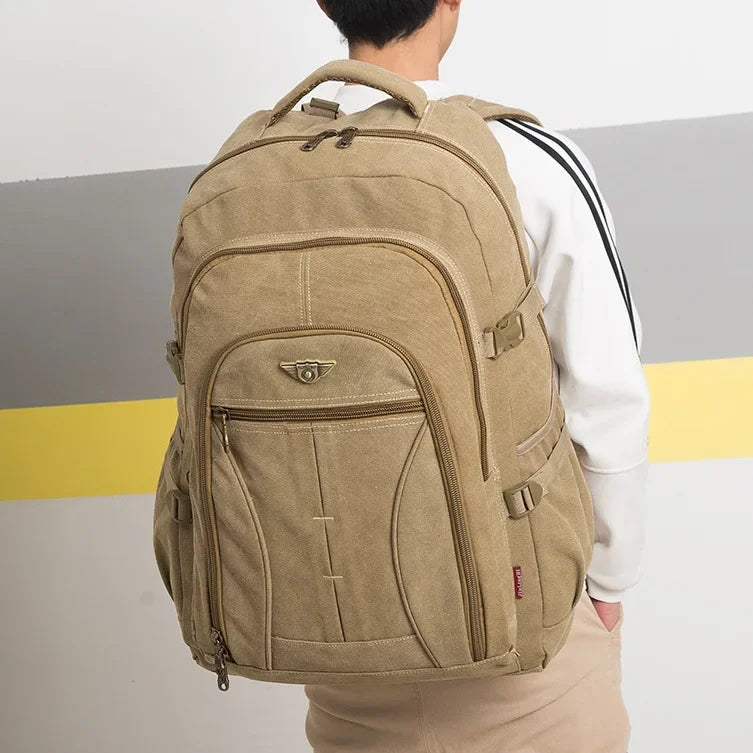 70L Thick Canvas Camping Backpack Large Capacity Waterproof Outdoor Trekking Travel Climbing Bag Luggage Rucksack Men Hiking Bag