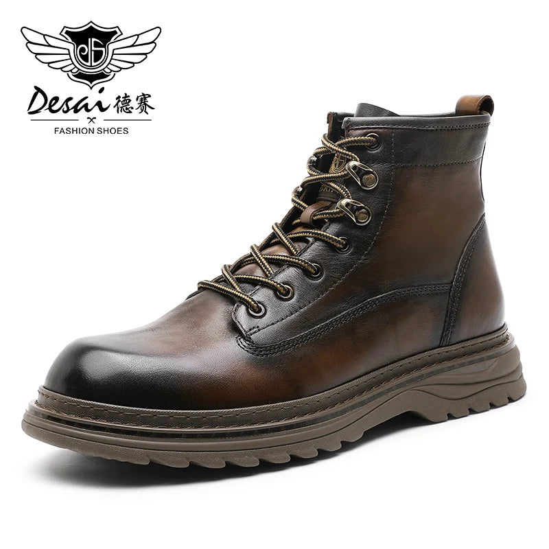 Desai Brand Men Boots Winter Cowboy Full Grain Genuine Leather Military Men Motorcycle Shoes Casual Work Fashion High Quality
