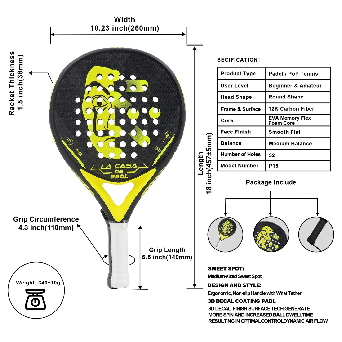Padel Tennis Racket 3KCarbon Padel Racket With EVA Memory for Men Women Tennis Racquet Paddle Round Shape Dynamic Air Flow