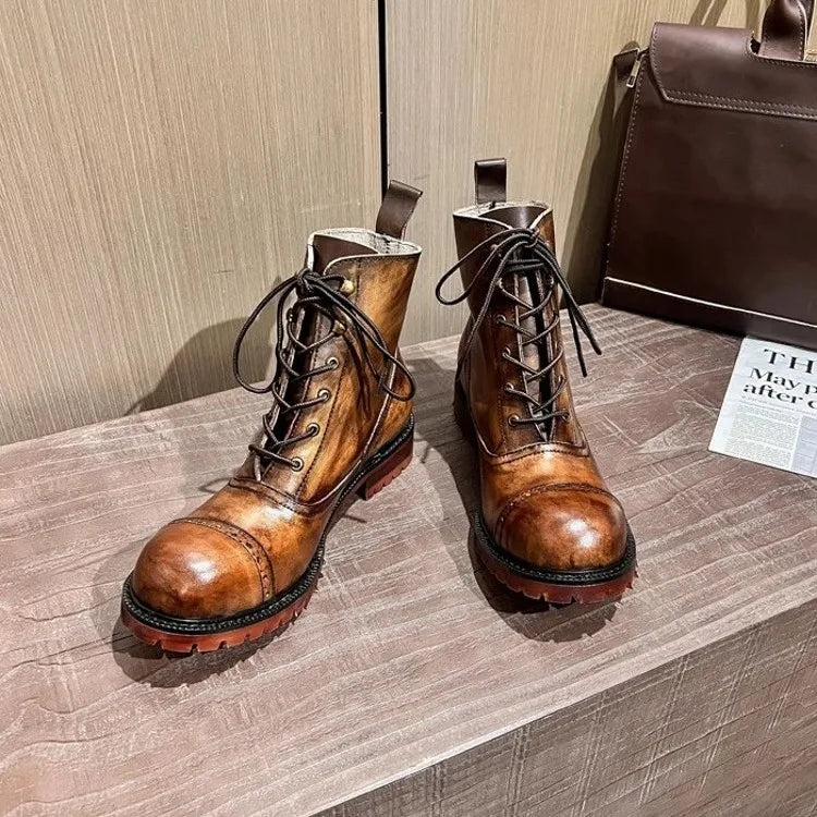 Vintage Mens Round Toe Lace Up High Top Work Safety Shoes Cowhide Genuine Leather Ankle Boots British Motorcycle Riding Boots 45