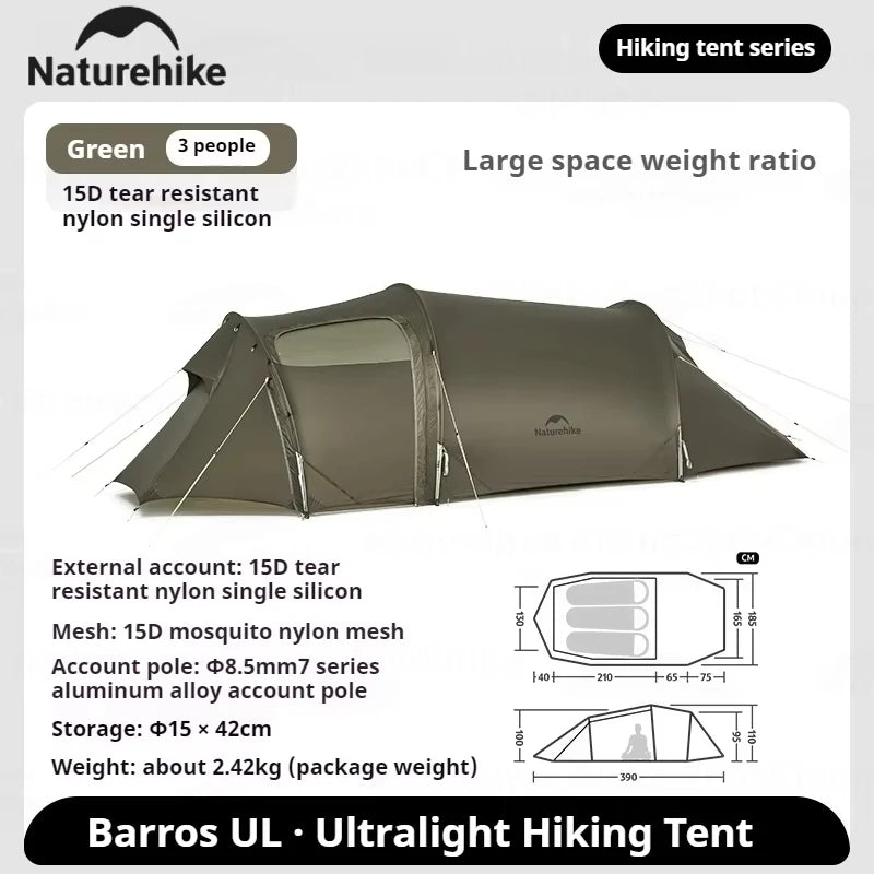 Naturehike Opalus UL Tent Lightweight Outdoor Hiking Camping Glamping Large Space Tunnel Tent for 2-3 Person 4 Season Travel