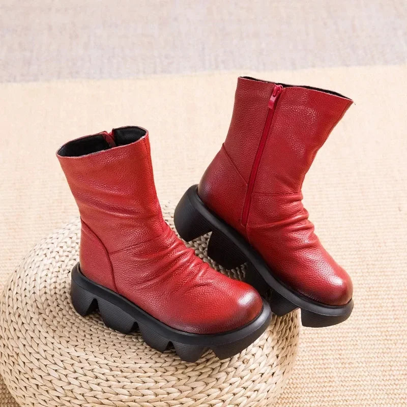 BEYARNE Ankle Boots Women Genuine Cow Leather Platform Bootie Side Zipper Soft Comfortable Autumn Winter Ladies Shoes Handmade