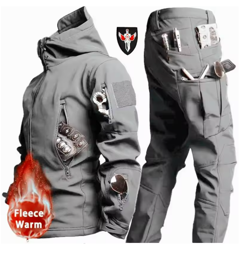 Waterproof Windproof Hooded Jacket and Pants, Soft Shell, Plush, Thickened, Outdoor Fishing, Cutting, Wear-Resistant,Winter, 5XL