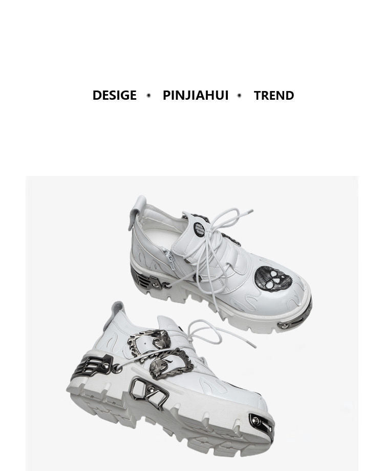 New Men's Gothic Skull Boots Black Women Shoes Designer Punk Metal Platform Walking Sneakers Skeleton Metal Buckles Ankle Boots
