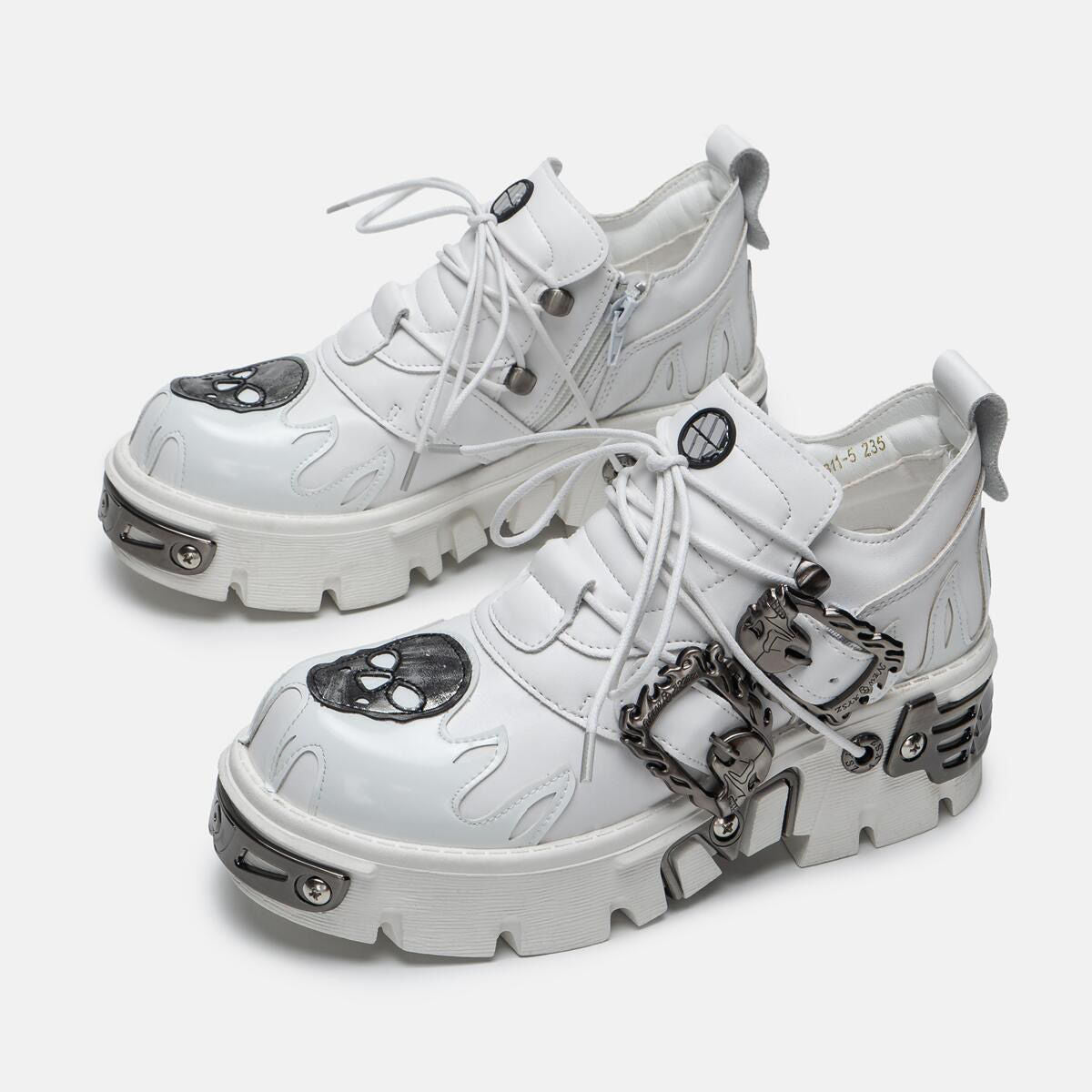 New Men's Gothic Skull Boots Black Women Shoes Designer Punk Metal Platform Walking Sneakers Skeleton Metal Buckles Ankle Boots