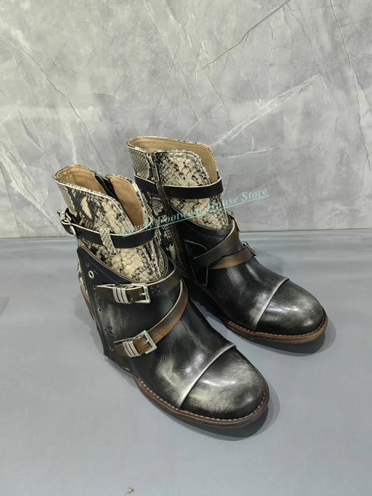 Retro Men Genuine Leather Ankle Boots Buckle Ankle Strap Round Toe Male High Top Party Wedding Boots Shoes