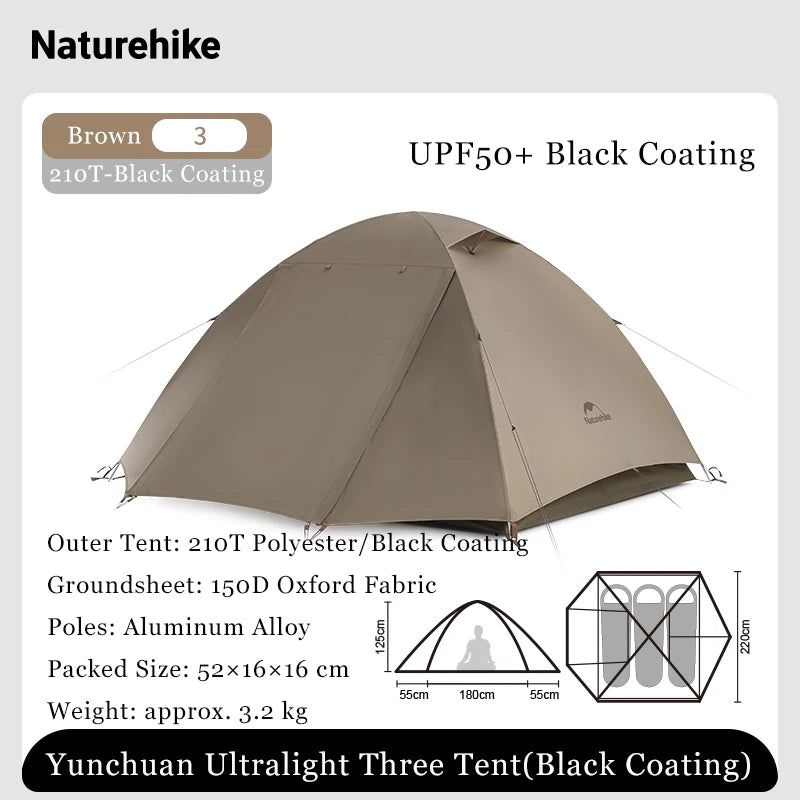 Naturehike YunChuan Outdoor Camping Tent 2/3 Person Waterproof PU2000+ Blackout Tents UV50+ Portable Lightweight Hiking Shelter