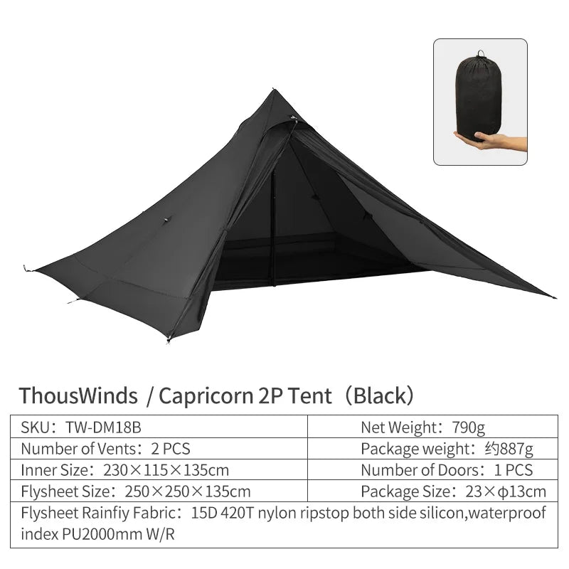 Thous Winds Capricorns 2 Person Tent Ultralight Hiking Tent Trekking Poles Tent 15D Ripstop Nylon Both Side Silicon Outdoor Tent