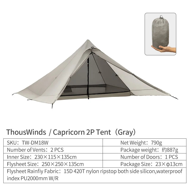 Thous Winds Capricorns 2 Person Tent Ultralight Hiking Tent Trekking Poles Tent 15D Ripstop Nylon Both Side Silicon Outdoor Tent