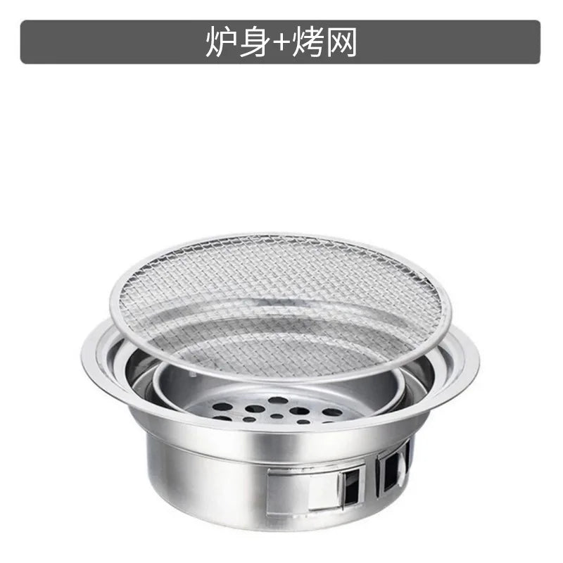 Household Stainless Steel Korean Charcoal Oven Commercial round Non-Stick Barbecue Oven Outdoor Camping Portable Charcoal Stove