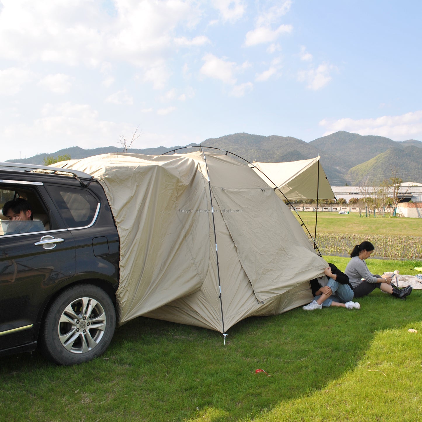 Car Rear Tent with Large Awning, Rear Tailgate Tents with Floor, 4 Person Family Camping, PU4000 Waterproof Fabric