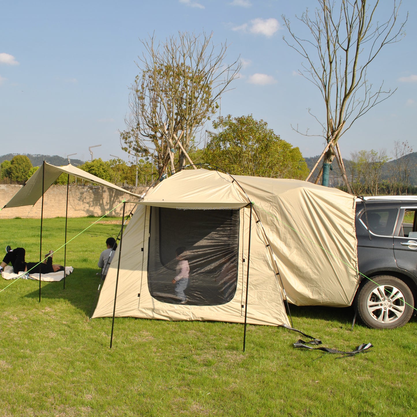 Car Rear Tent with Large Awning, Rear Tailgate Tents with Floor, 4 Person Family Camping, PU4000 Waterproof Fabric