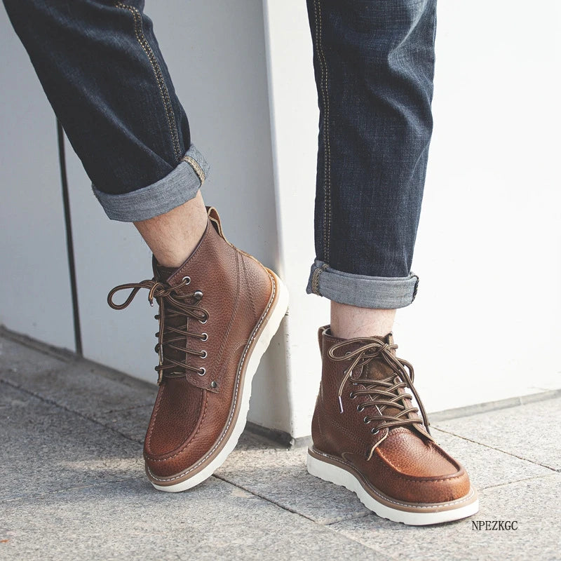 Handmade Men Boots Vintage Casual Autumn Winter Cow Leather Shoes British Ankle Boots Wings Motorcycle Boots Zapatos Hombre