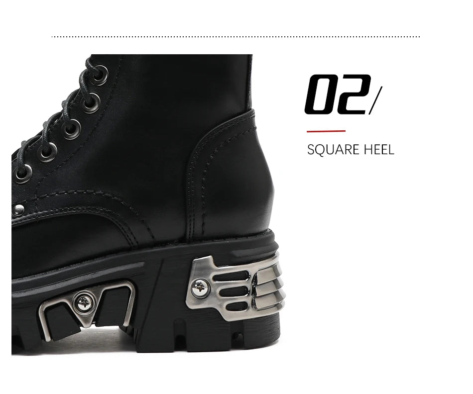 Gdgydh Darkness Punk Style Platform Women Ankle Boots Chunky Heel Black Metal Decor Women's Motorcycle Boots Lace UP Top Quality