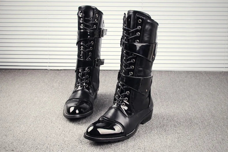 British style mens fashion party nightclub motorcycle boots black genuine leather shoes personality high boot long botas hombre