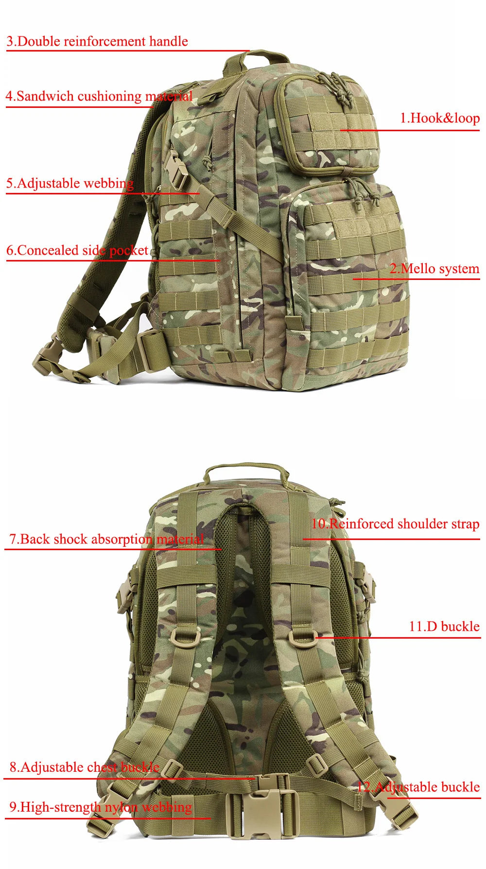 SINAIRSOFT Tactical 55L Outdoor Molle Waterproof Backpack Mountaineering Hunting Bags Trekking Hiking Fishing Bag