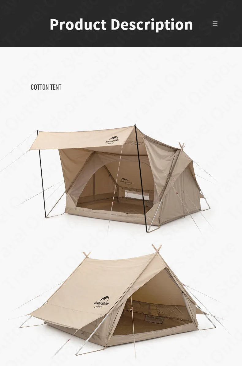 Naturehike Cotton A-Frame Ridge Tent Extended 4.8 3-season Camping Tent with Awning 2 Persons Family Outdoor Travel Waterproof