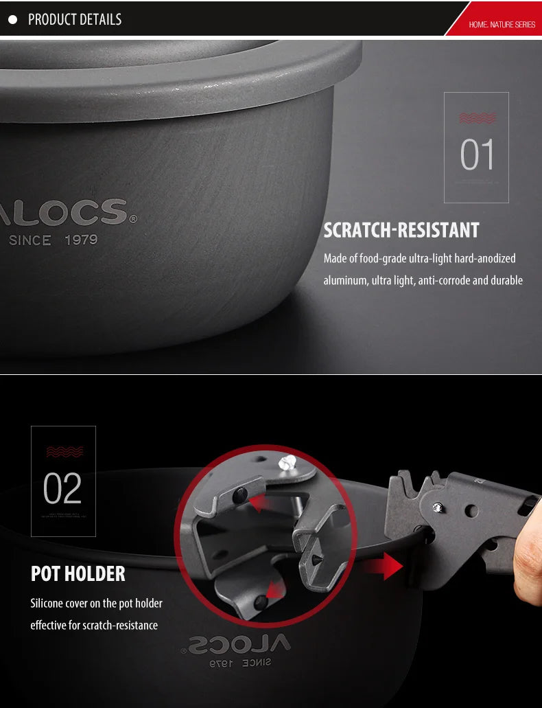 ALOCS CW-C05 Set of 10 Pieces Outdoor Camping Cooking Set Utensil Alcohol Stove Spirit Burner Cooker Pot Frying Pan Windshield