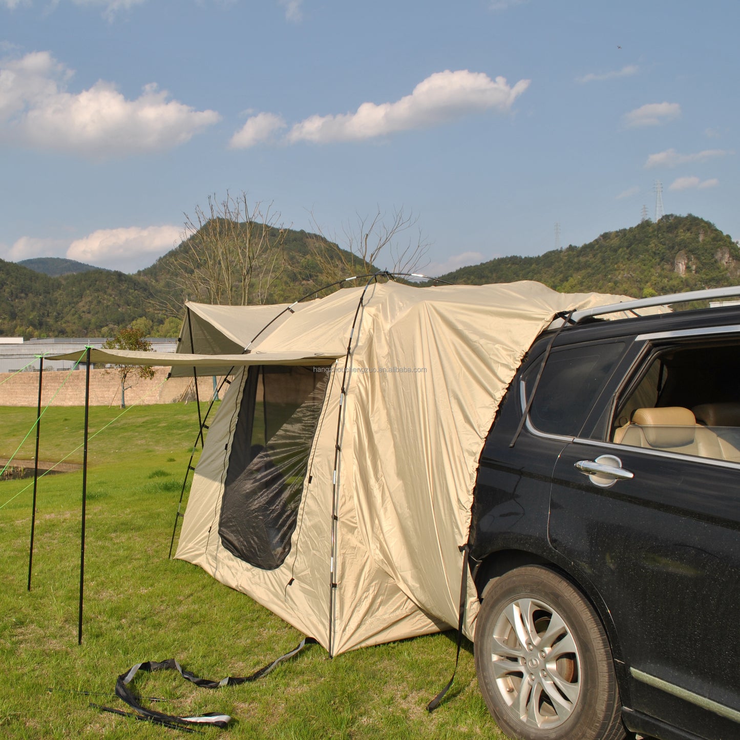 Car Rear Tent with Large Awning, Rear Tailgate Tents with Floor, 4 Person Family Camping, PU4000 Waterproof Fabric