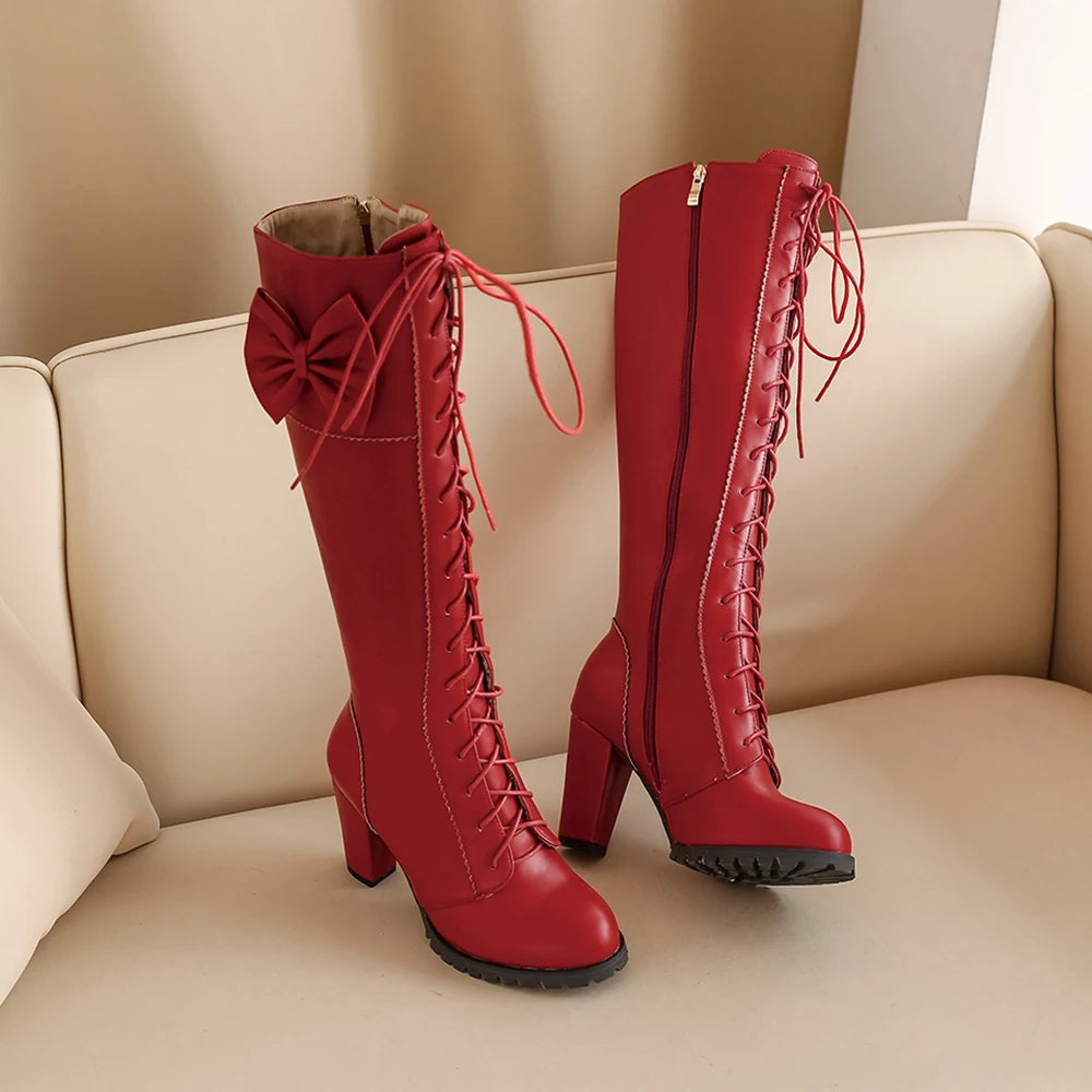 Winter Sweet Women Knee High Boots PU Leather Round Toe 7cm High Block Heels Bowtie Lace-up Lolita Lady Zipper Long Riding Boots