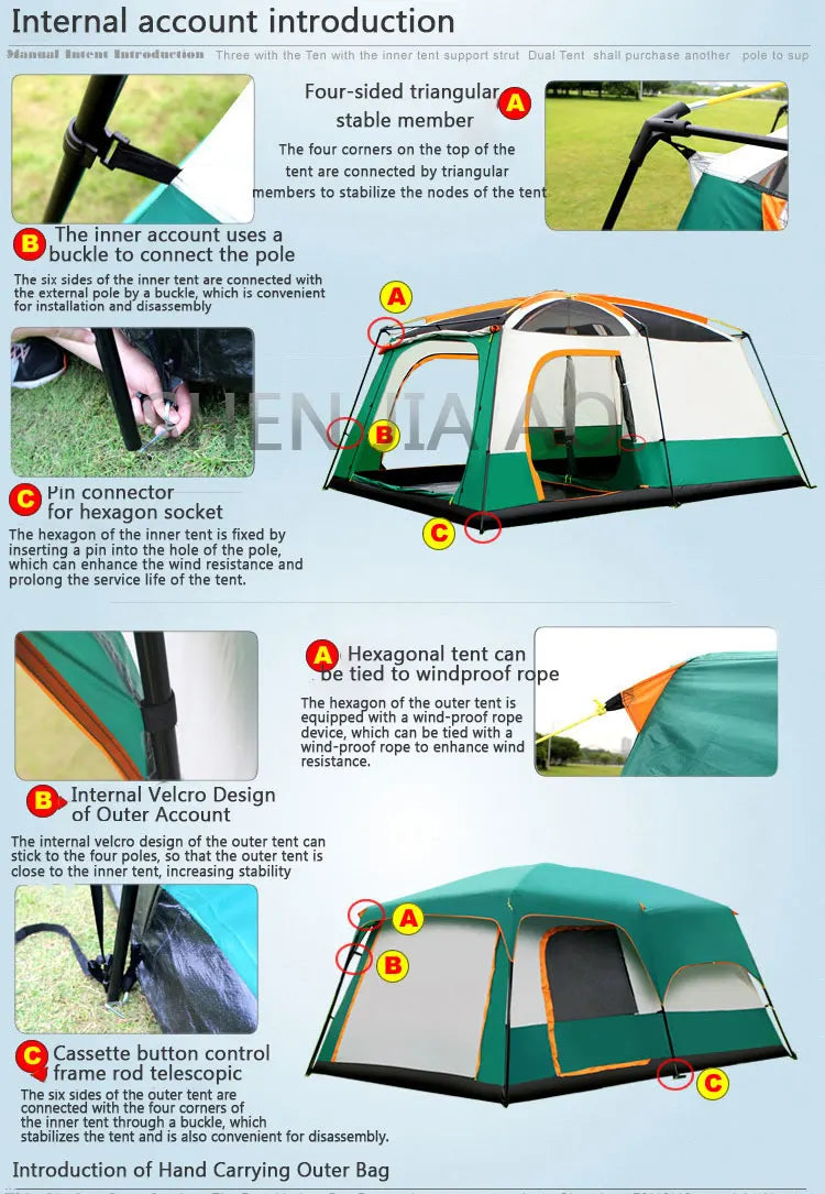 Outdoor Double Deck Two Bedrooms And Four Seasons Camping Waterproof Tent 8-12 People Picnic Large Space Camping Tent