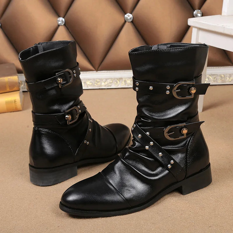 mens casual steampunk motorcycle mid-calf long boots buckle cow leather shoes youth high boot outdoors botas militares sapatos