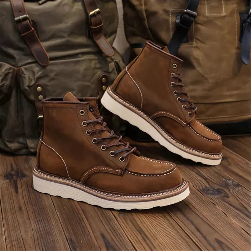 1907 Vintage Unisex Men Shoes Ankle Boots Handmade Autumn Winter Cow Leather Shoes Wings Round Toe Tooling Motorcycle Boots