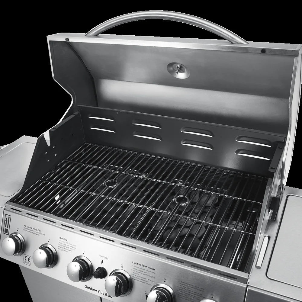 Outdoor BBQ Grill, 6 Burners, Side Gas Oven with Skewer and Motor Cover, High Quality