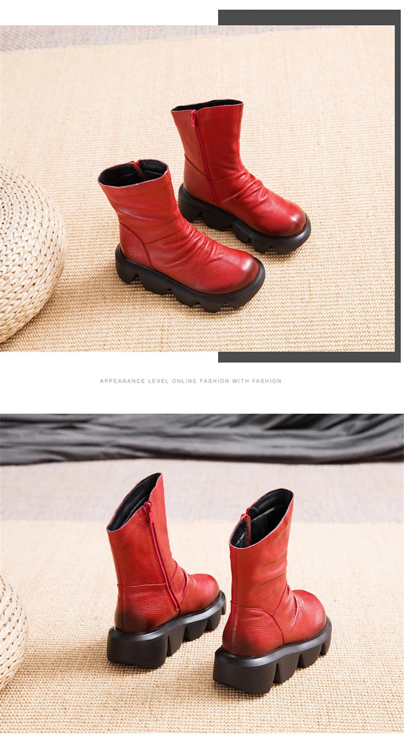 BEYARNE Ankle Boots Women Genuine Cow Leather Platform Bootie Side Zipper Soft Comfortable Autumn Winter Ladies Shoes Handmade