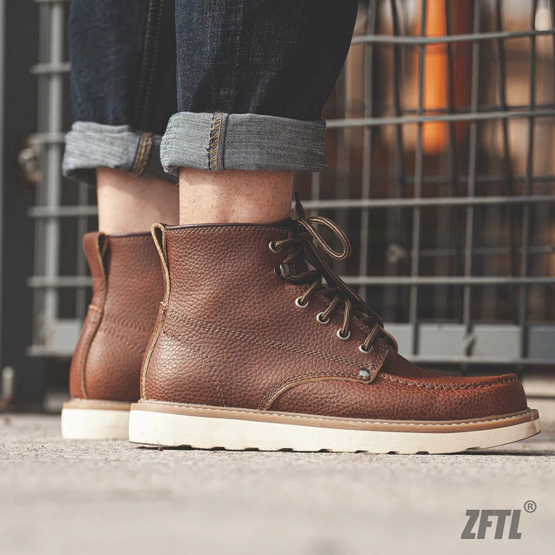 ZFTL Men's Boots Cowhide Thick-soled boots retro British Outdoor Tooling shoes Ankle Boots Male Casual Lace up boots 2025