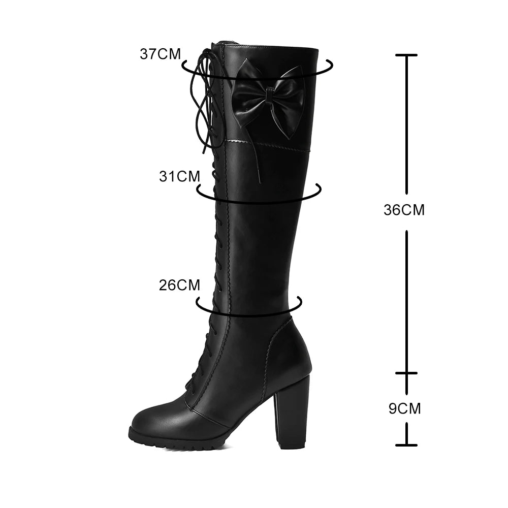 Winter Sweet Women Knee High Boots PU Leather Round Toe 7cm High Block Heels Bowtie Lace-up Lolita Lady Zipper Long Riding Boots