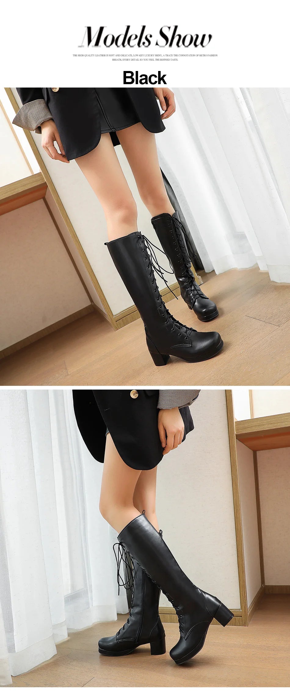 Gdgydh 2022 Autumn Lace-Up Women Motorcycle Boots Square To Low Heels Knee High Boots Winter Female Footwear Plus Large Size