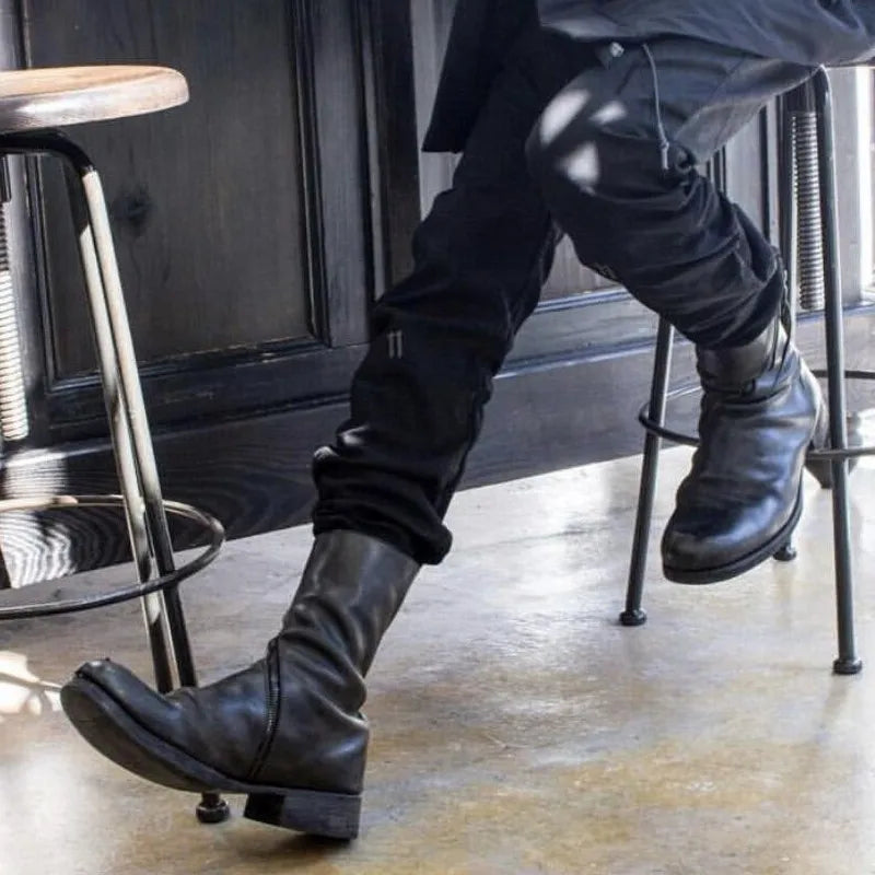 New Men Vintage Boots Round Toe Genuine Leather Mid-Calf Boot Punk Winter Handmade Black Motorcycle Biker Booties Zapatos Hombre